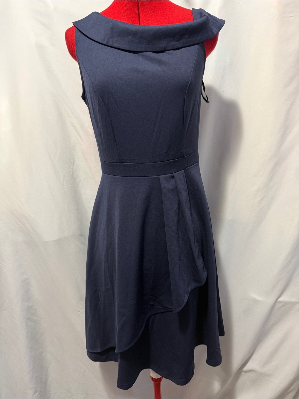Classic Navy High-Low Sleeveless Dress with Folded Boat Neck